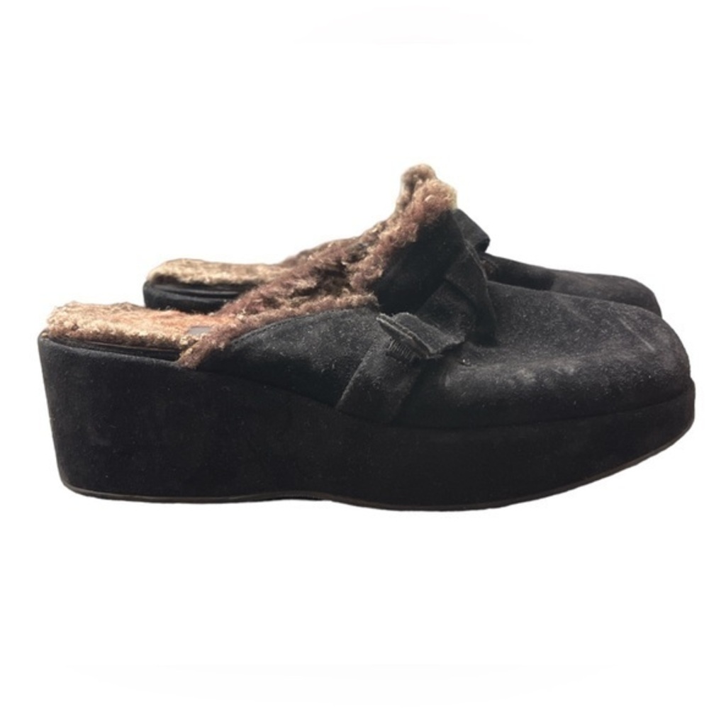 Vintage Stuart Weitzman Suede Black Slip On Clogs Fuzzy Interior Size 6.5B #3118